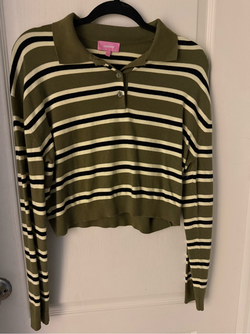 Edikted Olive, Cream & Black Striped Polo Crop Sweater